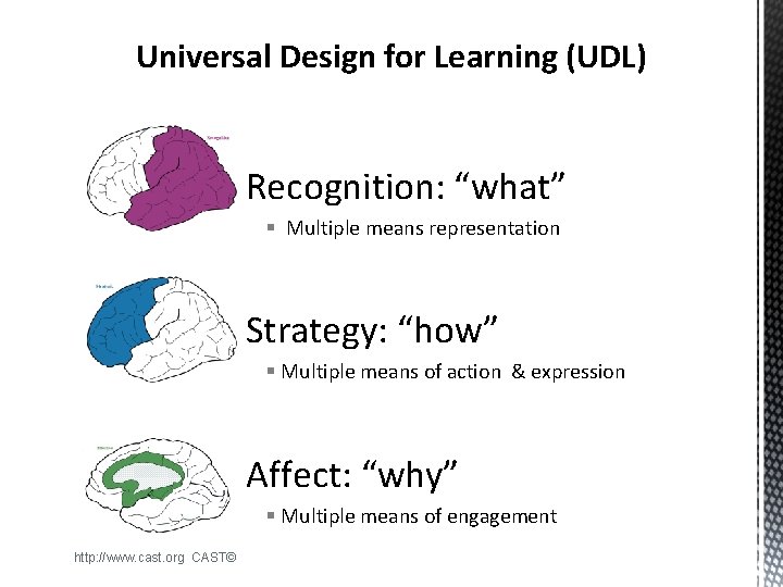 Universal Design for Learning (UDL) Recognition: “what” § Multiple means representation Strategy: “how” §