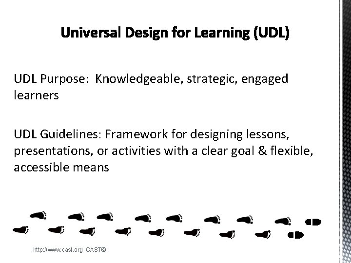 UDL Purpose: Knowledgeable, strategic, engaged learners UDL Guidelines: Framework for designing lessons, presentations, or