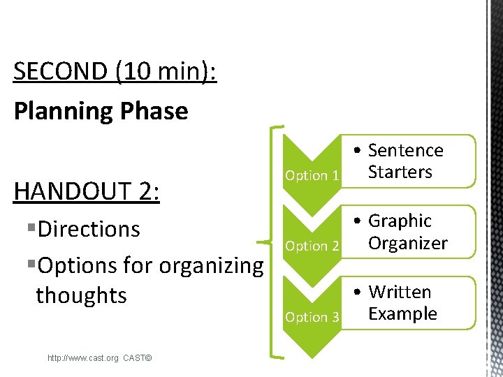 SECOND (10 min): Planning Phase HANDOUT 2: §Directions §Options for organizing thoughts http: //www.