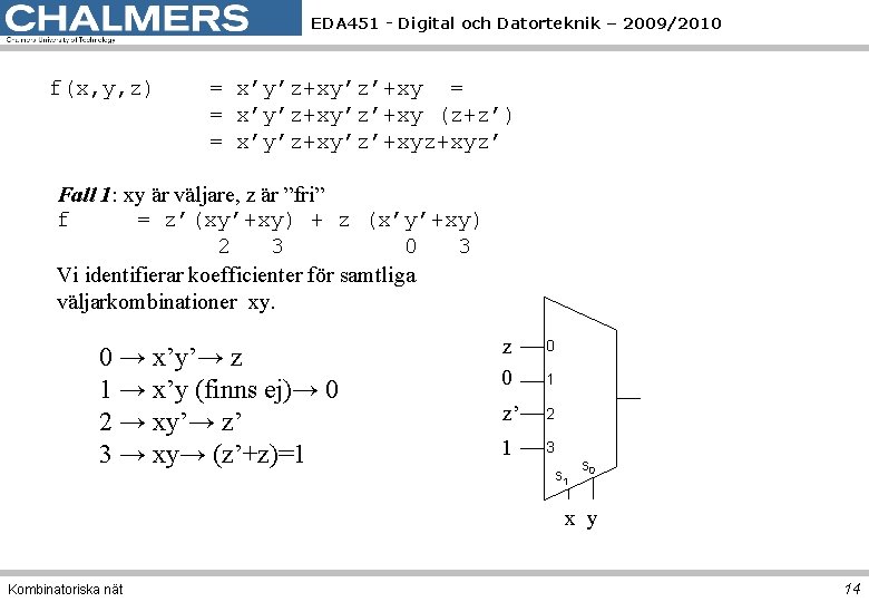 EDA 451 - Digital och Datorteknik – 2009/2010 f(x, y, z) = x’y’z+xy’z’+xy =