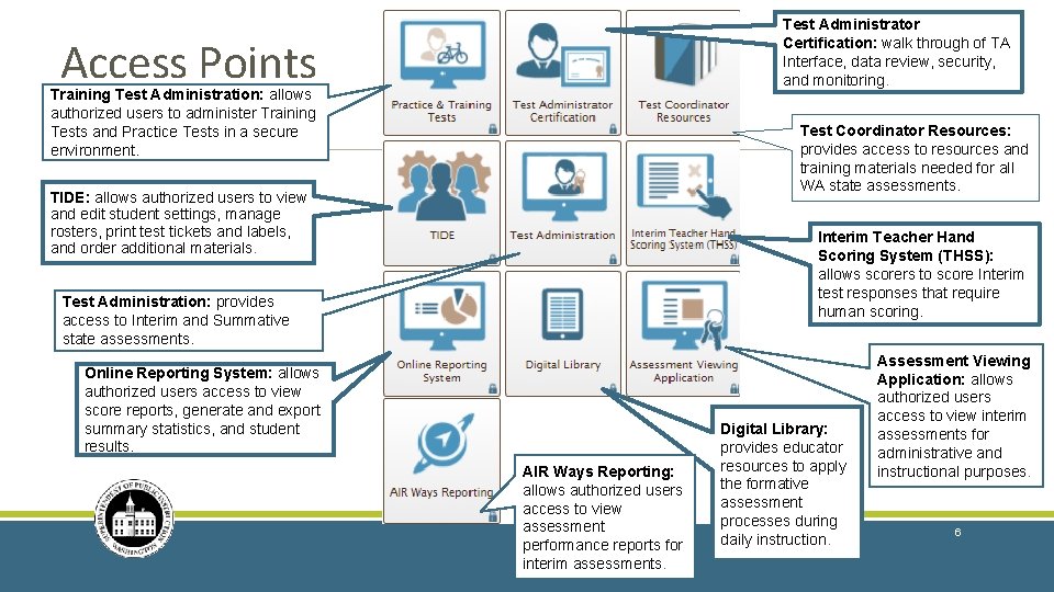 Test Administrator Certification: walk through of TA Interface, data review, security, and monitoring. Access Test Administrator Certification: walk through of TA Interface, data review, security, and monitoring. Access