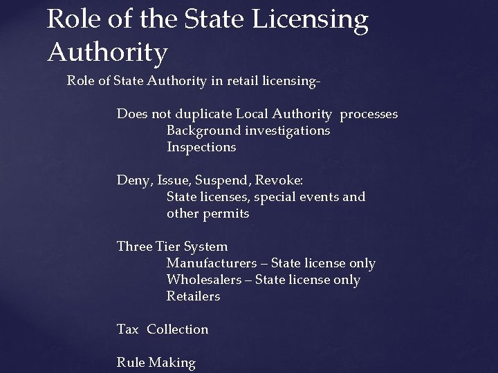 Role of the State Licensing Authority Role of State Authority in retail licensing. Does