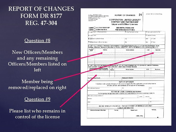 REPORT OF CHANGES FORM DR 8177 REG. 47 -304 Question #8 New Officers/Members and