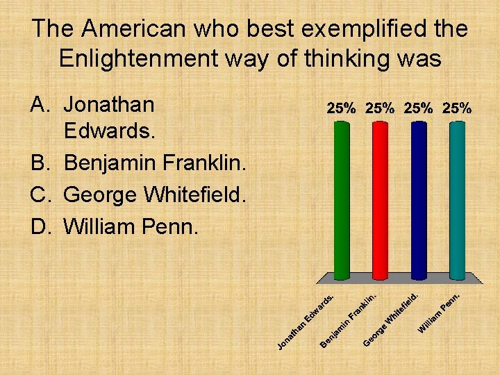 The American who best exemplified the Enlightenment way of thinking was A. Jonathan Edwards. The American who best exemplified the Enlightenment way of thinking was A. Jonathan Edwards.