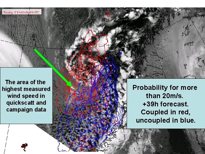 The area of the highest measured wind speed in quickscatt and campaign data Probability