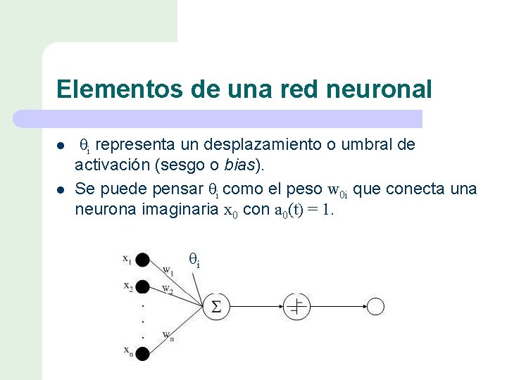 Elementos de una red neuronal l l θi representa un desplazamiento o umbral de