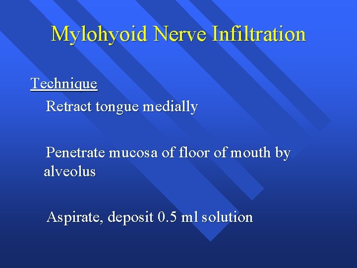 Mylohyoid Nerve Infiltration Technique Retract tongue medially Penetrate mucosa of floor of mouth by Mylohyoid Nerve Infiltration Technique Retract tongue medially Penetrate mucosa of floor of mouth by