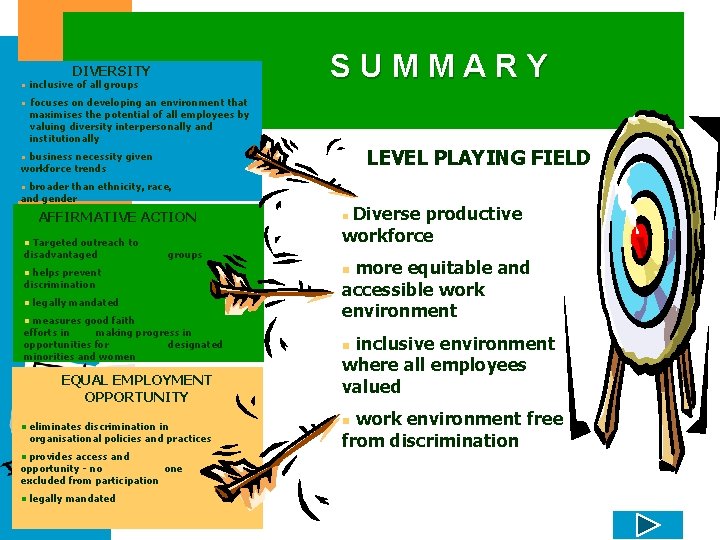 SUMMARY DIVERSITY n n inclusive of all groups focuses on developing an environment that