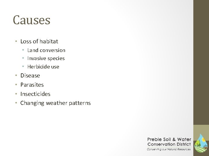 Causes • Loss of habitat • Land conversion • Invasive species • Herbicide use
