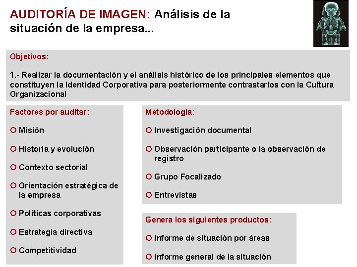 AUDITORÍA DE IMAGEN: Análisis de la situación de la empresa. . . Objetivos: 1. AUDITORÍA DE IMAGEN: Análisis de la situación de la empresa. . . Objetivos: 1.