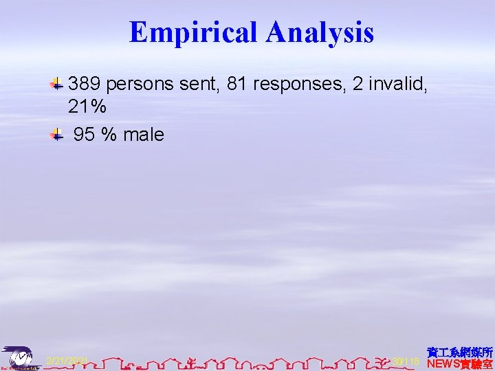 Empirical Analysis 389 persons sent, 81 responses, 2 invalid, 21% 95 % male 2/21/2021