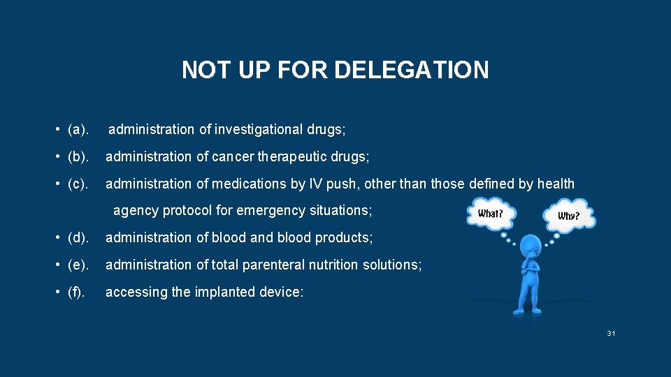 NOT UP FOR DELEGATION • (a). administration of investigational drugs; • (b). administration of