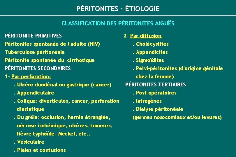 PÉRITONITES - ÉTIOLOGIE CLASSIFICATION DES PÉRITONITES AIGUËS PÉRITONITE PRIMITIVES 2 - Par diffusion Péritonites