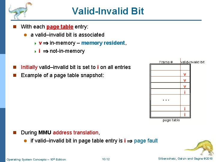 Valid-Invalid Bit n With each page table entry: l a valid–invalid bit is associated