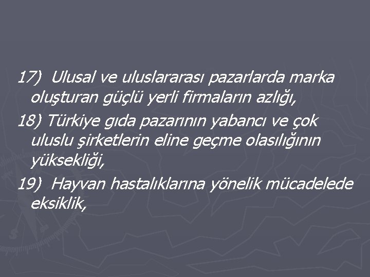 17) Ulusal ve uluslararası pazarlarda marka oluşturan güçlü yerli firmaların azlığı, 18) Türkiye gıda