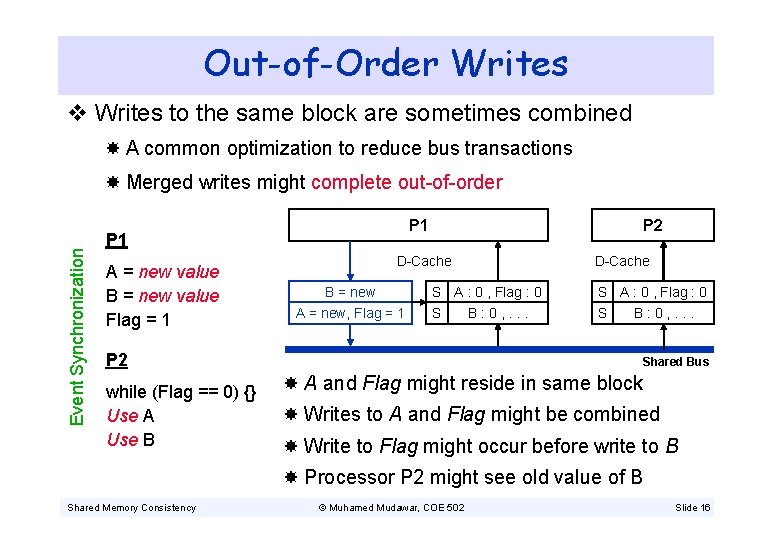 Out-of-Order Writes v Writes to the same block are sometimes combined A common optimization