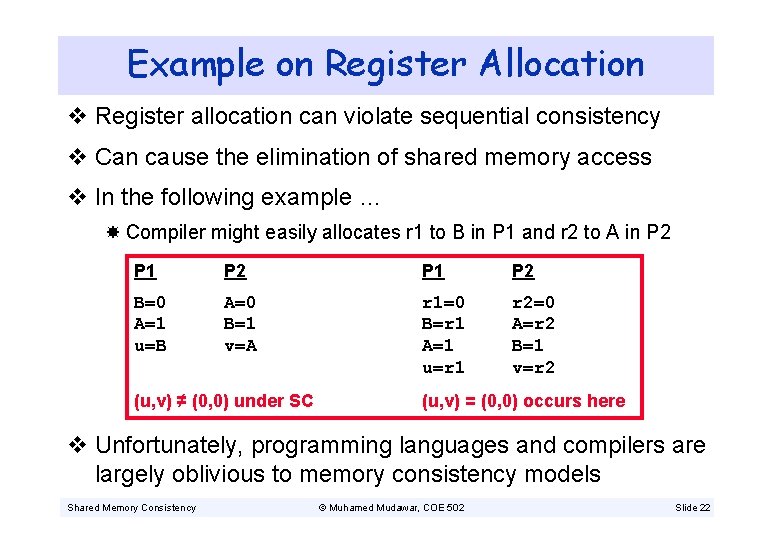 Example on Register Allocation v Register allocation can violate sequential consistency v Can cause