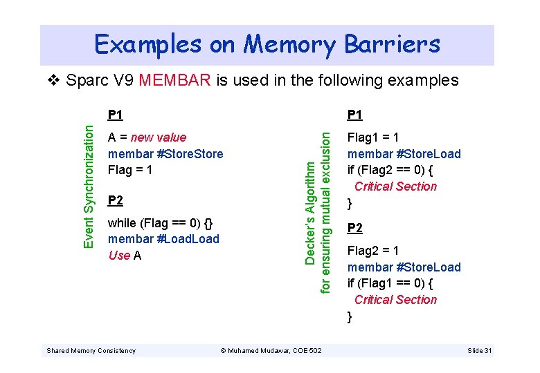 Examples on Memory Barriers P 1 A = new value membar #Store Flag =