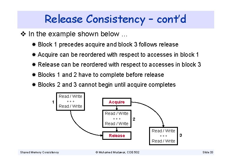 Release Consistency – cont’d v In the example shown below … Block 1 precedes