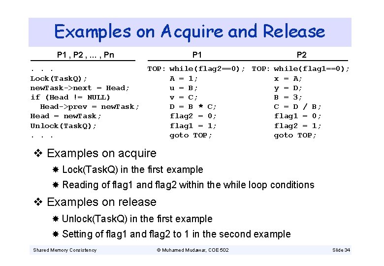 Examples on Acquire and Release P 1 , P 2 , … , Pn.