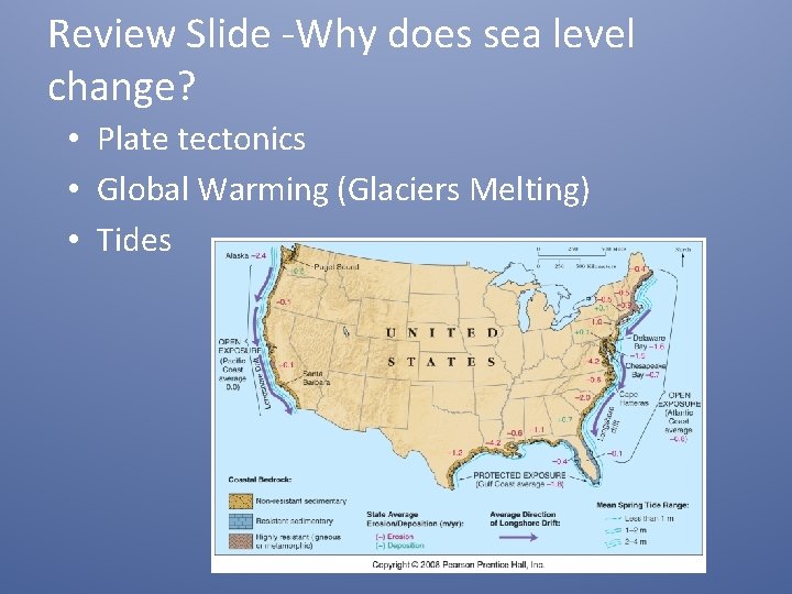 Review Slide -Why does sea level change? • Plate tectonics • Global Warming (Glaciers