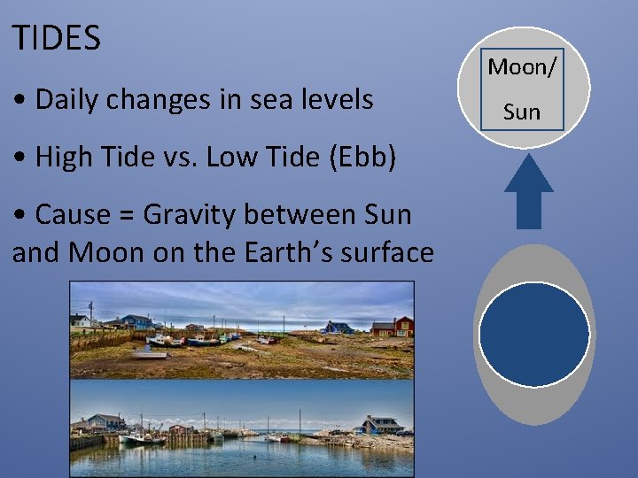 TIDES • Daily changes in sea levels • High Tide vs. Low Tide (Ebb)