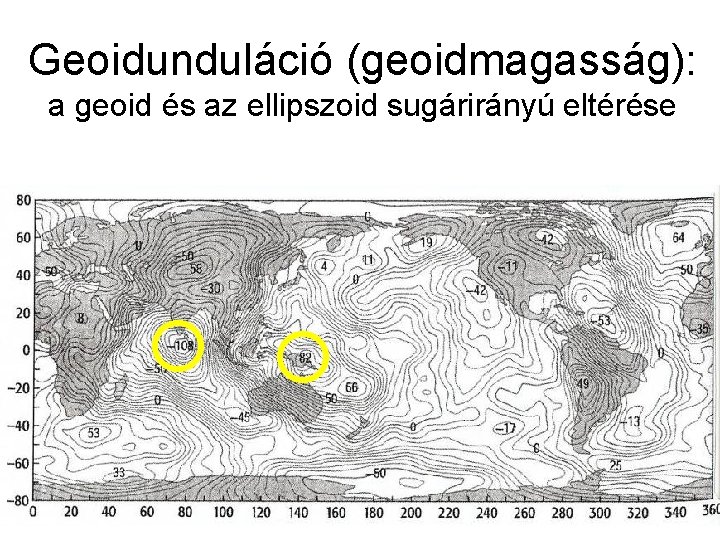 Geoidunduláció (geoidmagasság): a geoid és az ellipszoid sugárirányú eltérése 