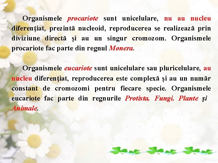 Organismele procariote sunt unicelulare, nu au nucleu diferenţiat, prezintă nucleoid, reproducerea se realizează prin