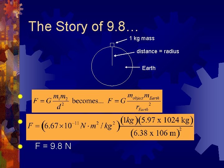 The Story of 9. 8… 1 kg mass distance = radius Earth ® ®