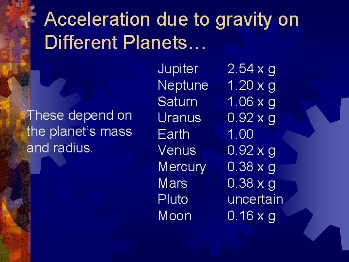 Acceleration due to gravity on Different Planets… These depend on the planet’s mass and