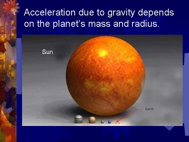 Acceleration due to gravity depends on the planet’s mass and radius. 
