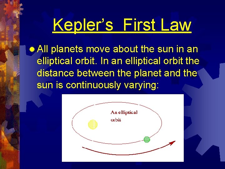 Kepler’s First Law ® All planets move about the sun in an elliptical orbit.