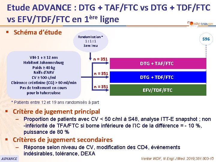 Etude ADVANCE : DTG + TAF/FTC vs DTG + TDF/FTC vs EFV/TDF/FTC en 1ère