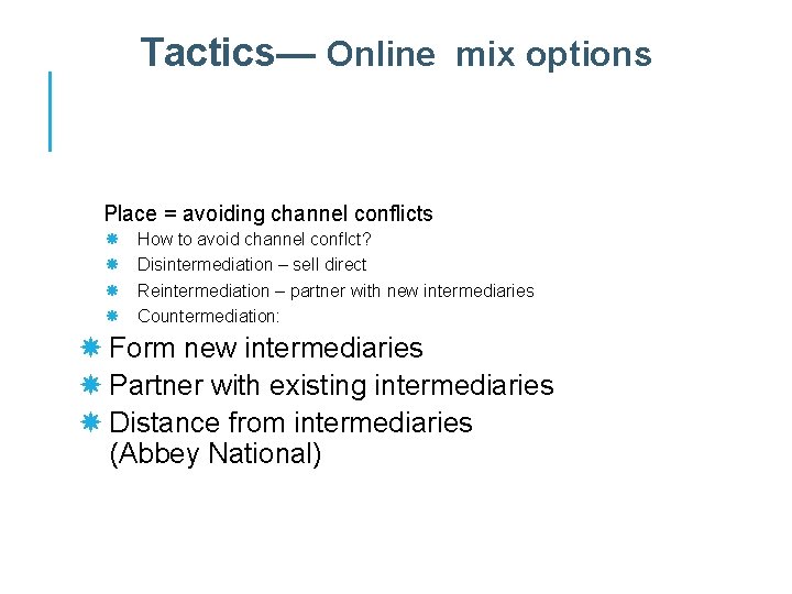 Tactics— Online mix options Place = avoiding channel conflicts How to avoid channel conflct?