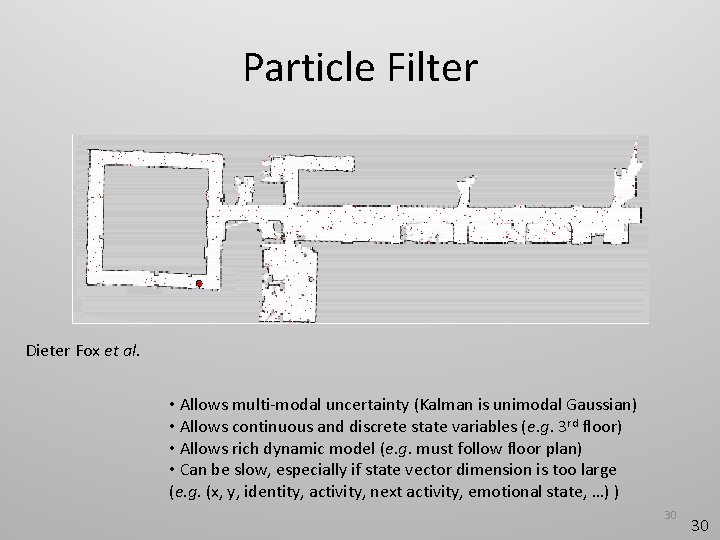 Particle Filter Dieter Fox et al. • Allows multi-modal uncertainty (Kalman is unimodal Gaussian)