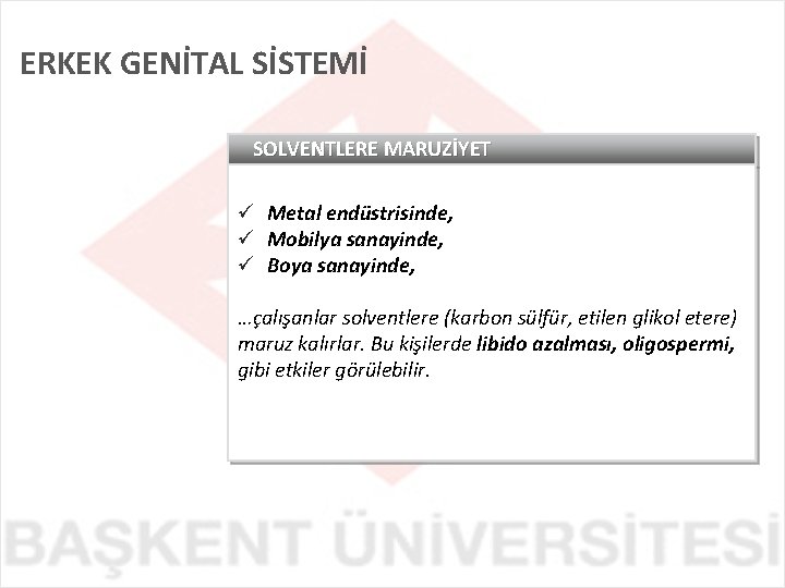 ERKEK GENİTAL SİSTEMİ SOLVENTLERE MARUZİYET ü Metal endüstrisinde, ü Mobilya sanayinde, ü Boya sanayinde,