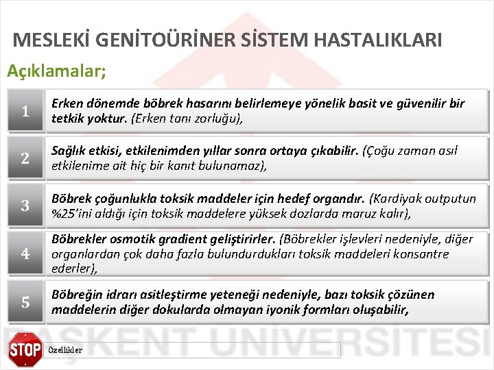 MESLEKİ GENİTOÜRİNER SİSTEM HASTALIKLARI Açıklamalar; 1 Erken dönemde böbrek hasarını belirlemeye yönelik basit ve