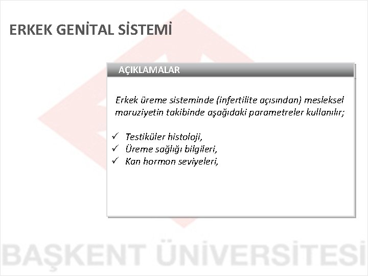 ERKEK GENİTAL SİSTEMİ AÇIKLAMALAR Erkek üreme sisteminde (infertilite açısından) mesleksel maruziyetin takibinde aşağıdaki parametreler