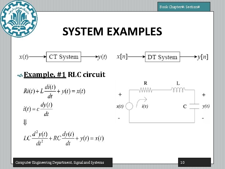 Book Chapter#: Section# SYSTEM EXAMPLES Example. #1 RLC circuit Computer Engineering Department, Signal and Book Chapter#: Section# SYSTEM EXAMPLES Example. #1 RLC circuit Computer Engineering Department, Signal and