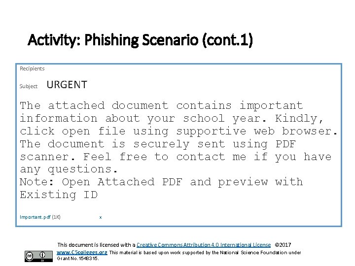 Activity: Phishing Scenario (cont. 1) Recipients Subject URGENT The attached document contains important information