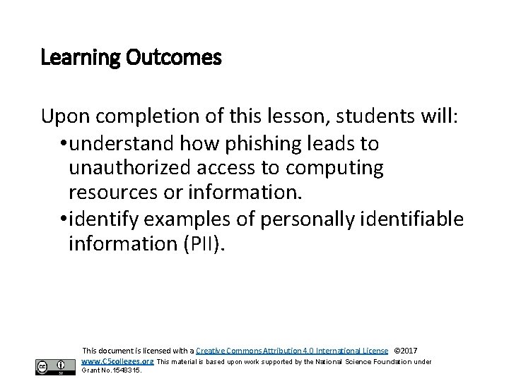 Learning Outcomes Upon completion of this lesson, students will: • understand how phishing leads