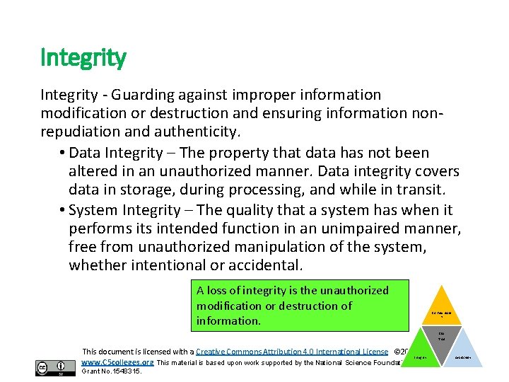 Integrity - Guarding against improper information modification or destruction and ensuring information nonrepudiation and