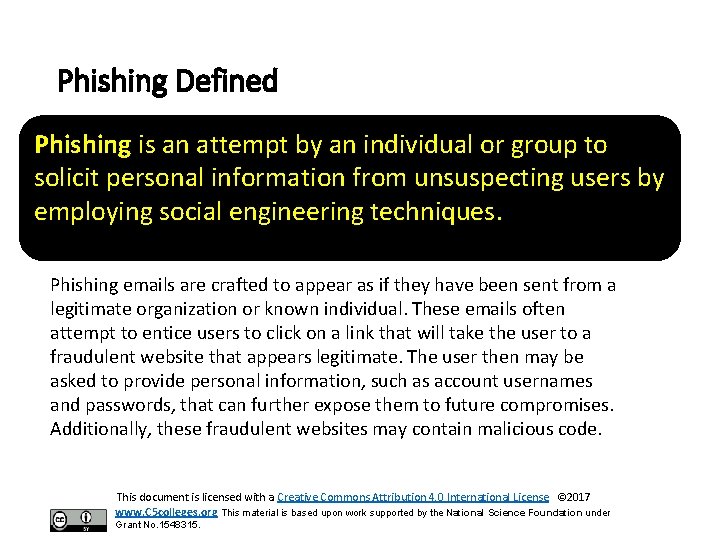 Phishing Defined Phishing is an attempt by an individual or group to solicit personal