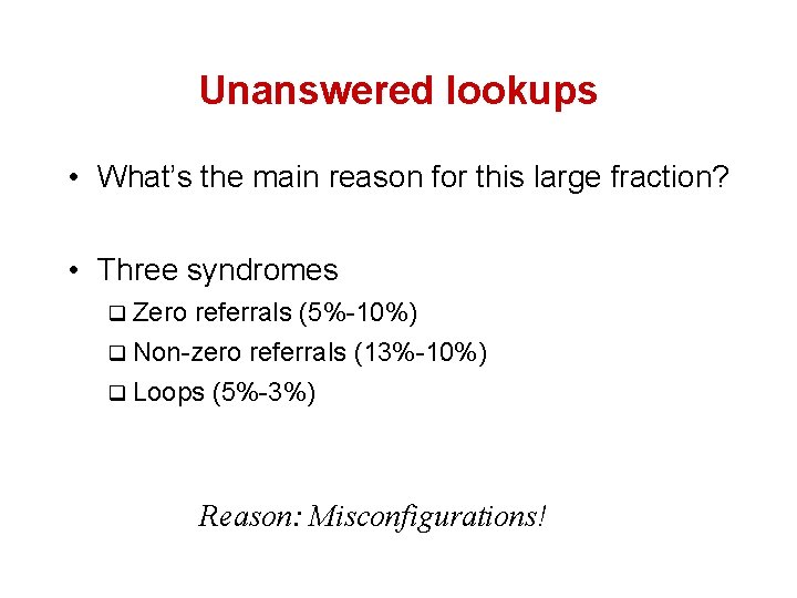 Unanswered lookups • What’s the main reason for this large fraction? • Three syndromes