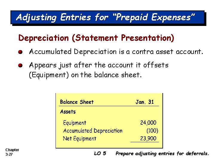 Adjusting Entries for “Prepaid Expenses” Depreciation (Statement Presentation) Accumulated Depreciation is a contra asset