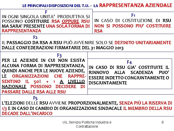 LE PRINCIPALI DISPOSIZIONI DEL T. U. - LA RAPPRESENTANZA AZIENDALE F F 1 IN