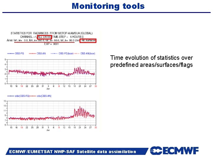 Monitoring tools Time evolution of statistics over predefined areas/surfaces/flags Slide 8 ECMWF/EUMETSAT NWP-SAF Satellite