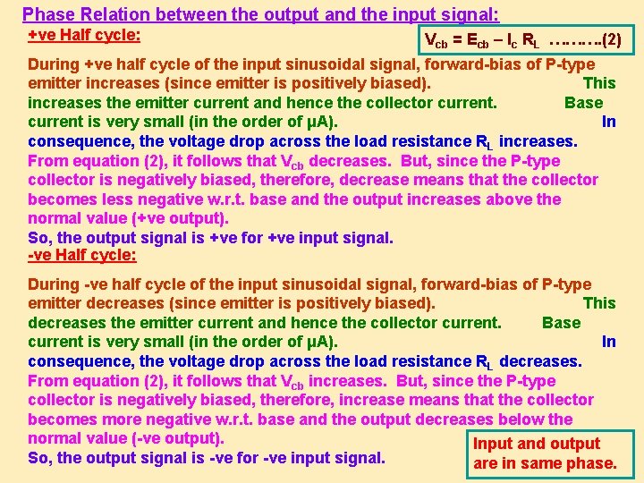 Phase Relation between the output and the input signal: +ve Half cycle: Vcb =