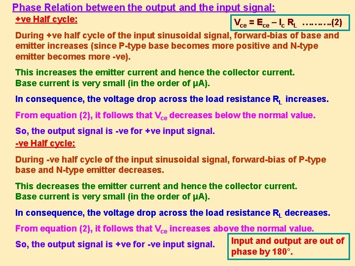 Phase Relation between the output and the input signal: +ve Half cycle: Vce =