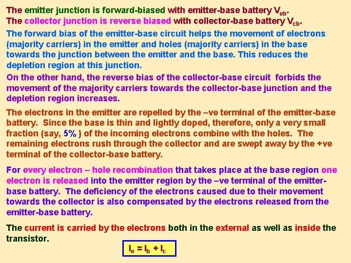 The emitter junction is forward-biased with emitter-base battery Veb. The collector junction is reverse